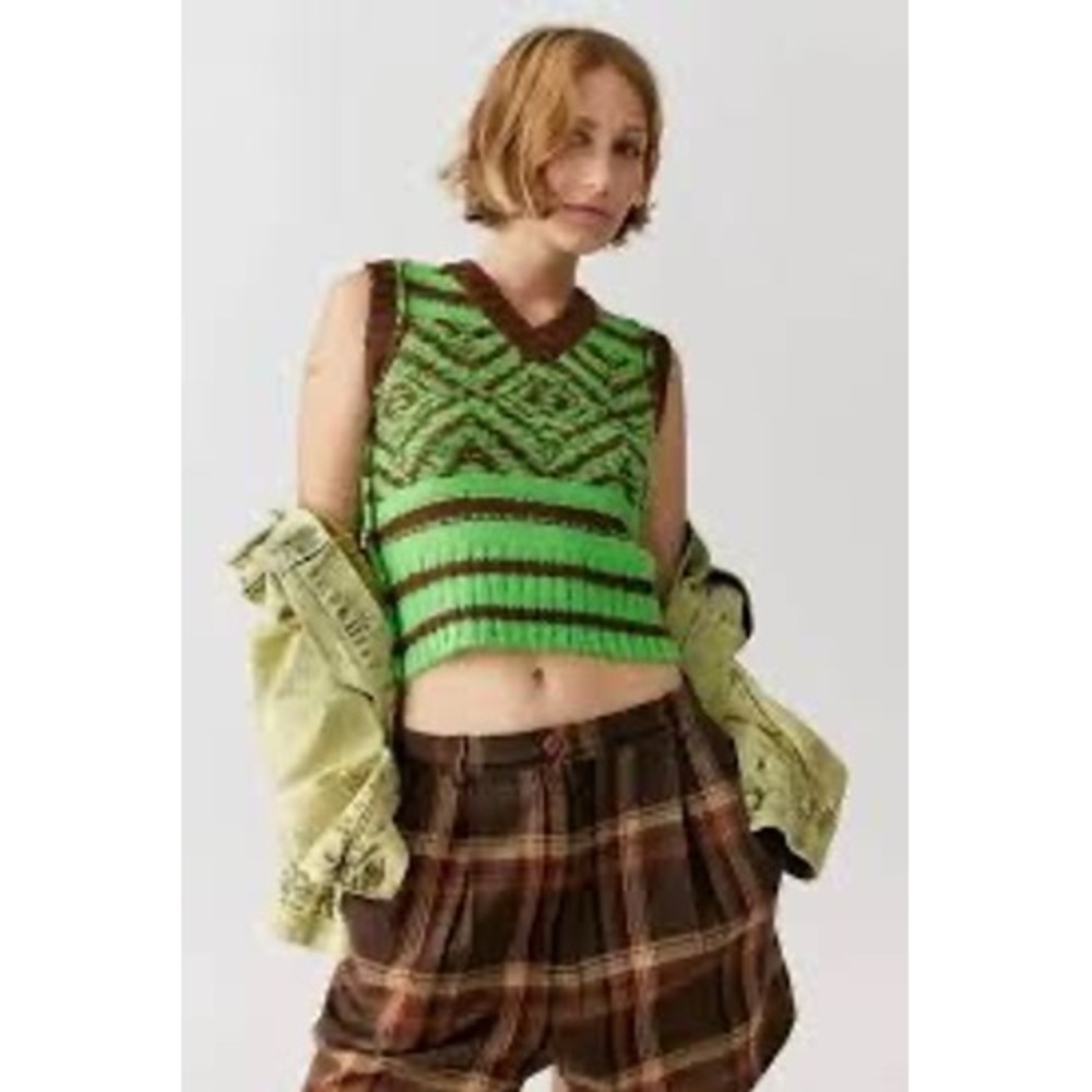 BDG Urban Outfitters Lime Green Brown Geometric Knit V-Neck Sweater Vest Medium